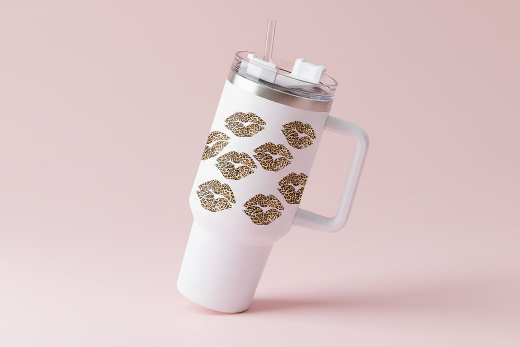 White Valentine Leopard Lips Print Thermos