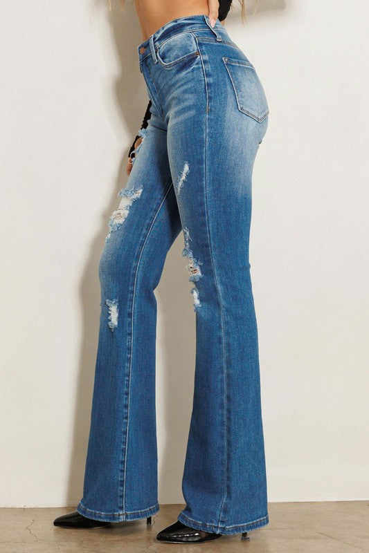 Get Your Grove On High Rise Distressed Flare Jeans