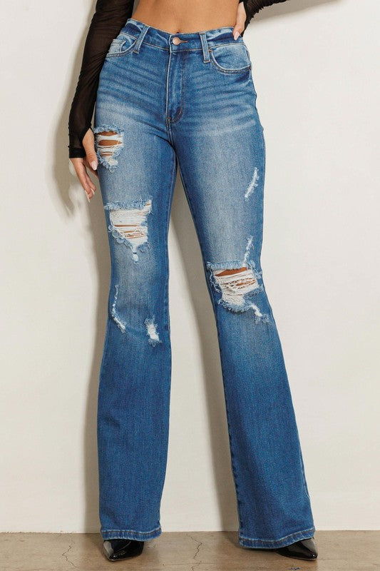 Get Your Grove On High Rise Distressed Flare Jeans