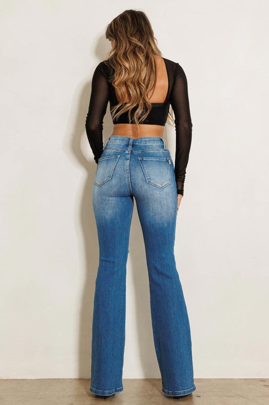 Get Your Grove On High Rise Distressed Flare Jeans