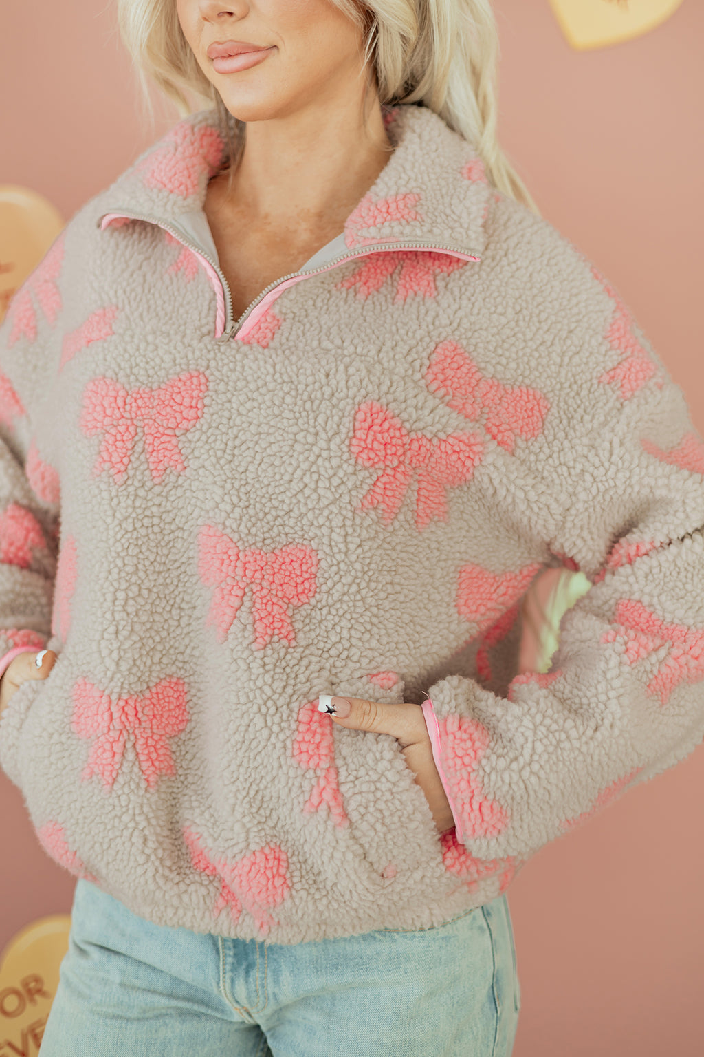 Gray Bow Sherpa Quarter Zip Baggy Sweatshirt