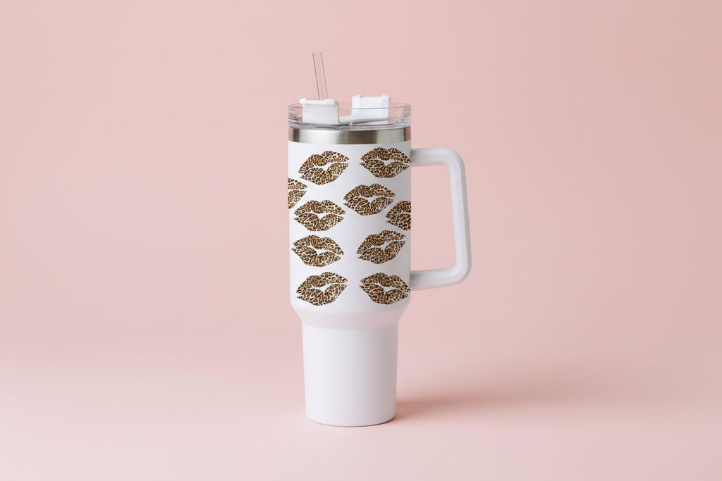 White Valentine Leopard Lips Print Thermos
