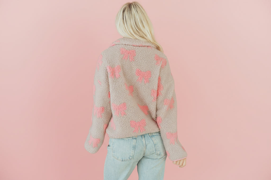 Gray Bow Sherpa Quarter Zip Baggy Sweatshirt