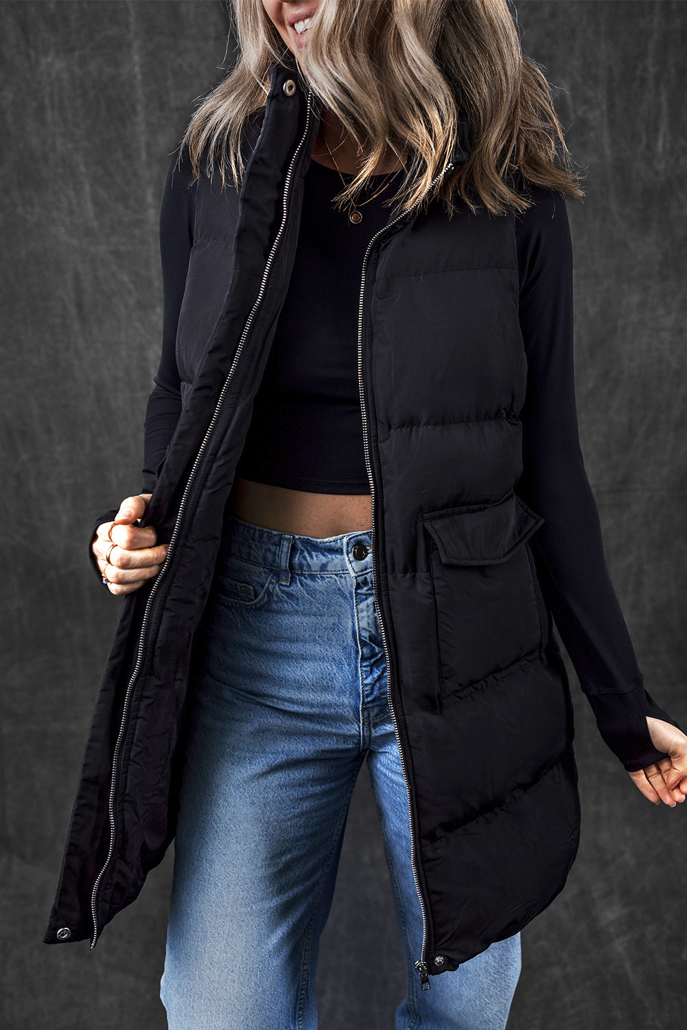 Windproof Longline Full Zipper Puffer Vest