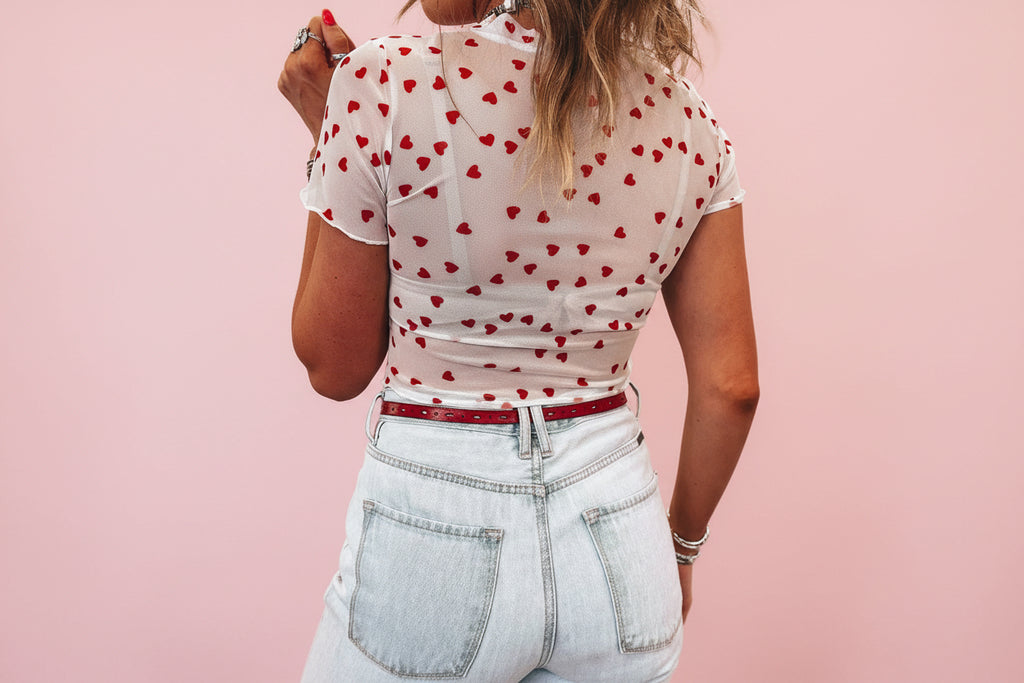Red Allover Heart Print Mesh Short Sleeve Top