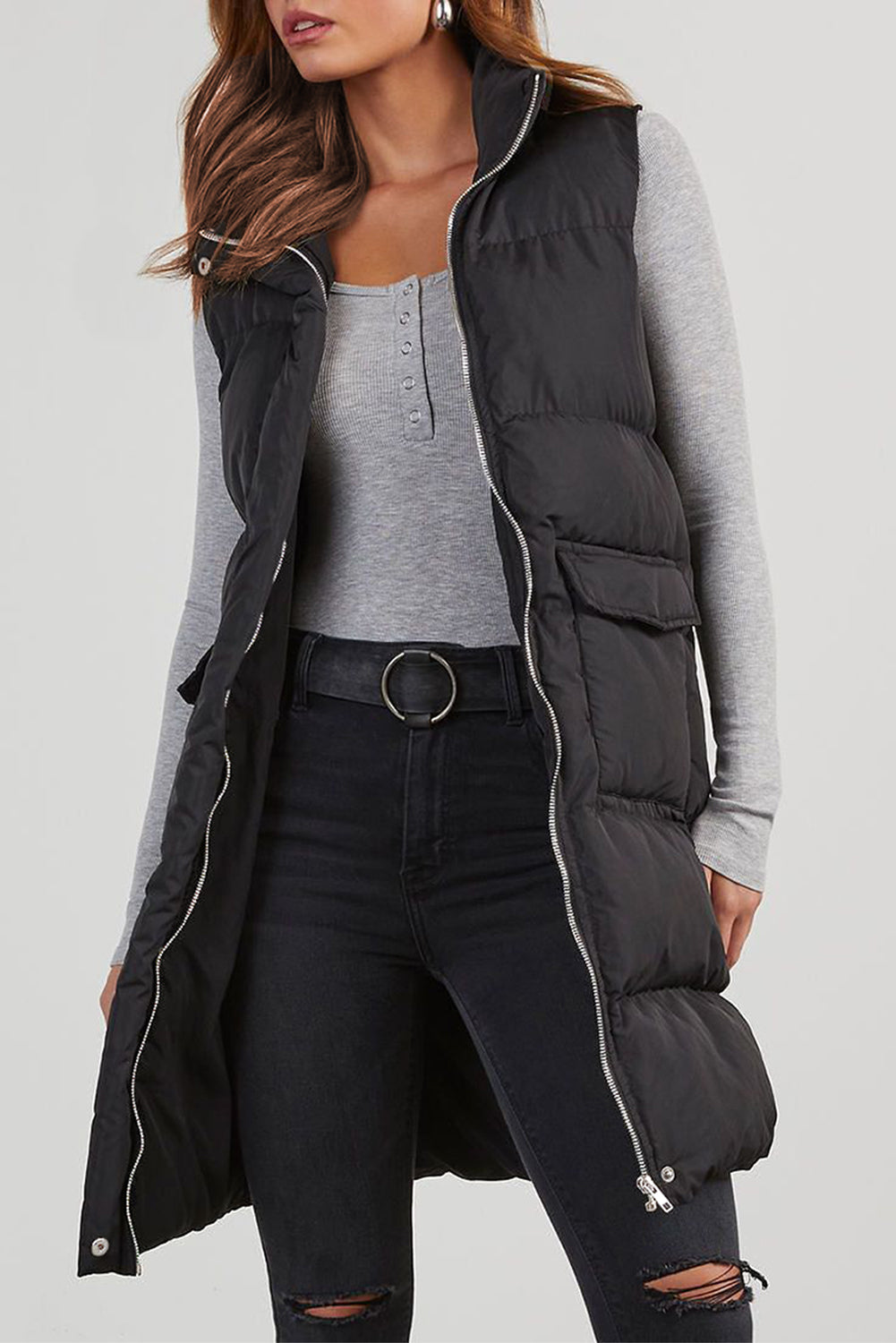 Windproof Longline Full Zipper Puffer Vest