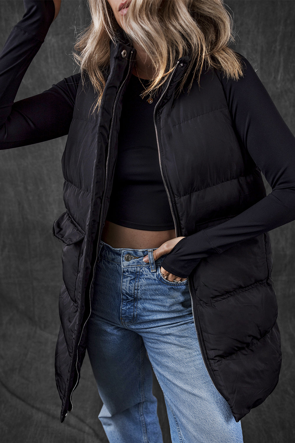 Windproof Longline Full Zipper Puffer Vest