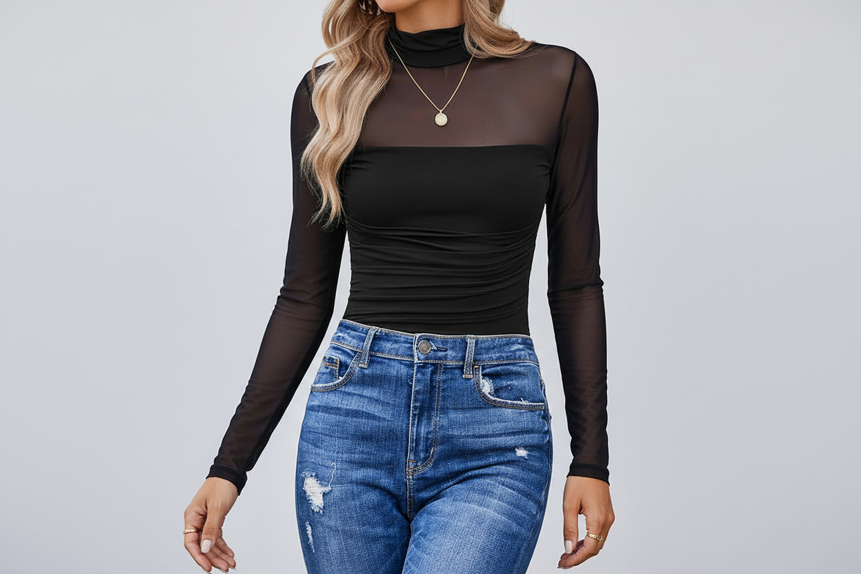 Black Sheer Mesh Sleeve Top