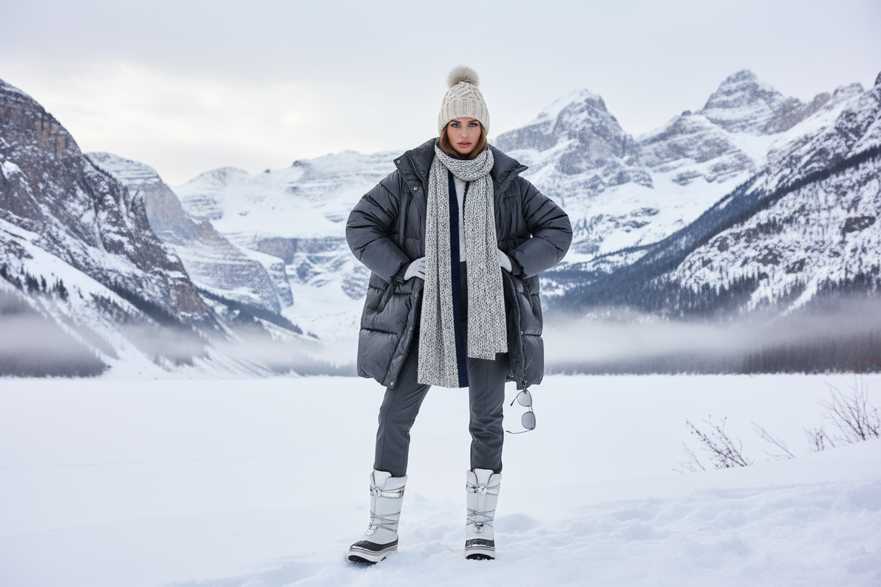 fashion model wearing winter gear in snowy mountain scenery