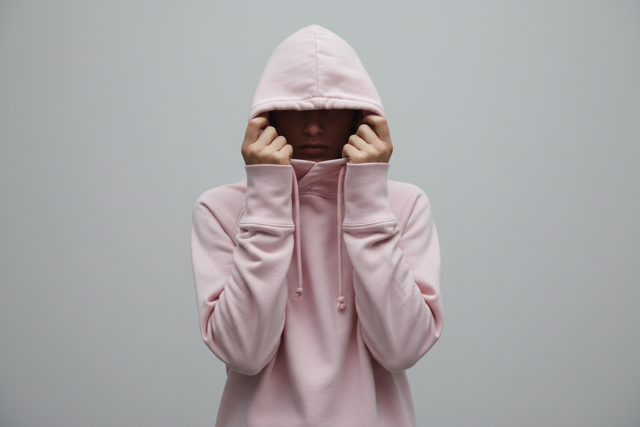 person wearing a pink hoodie holding the hood 